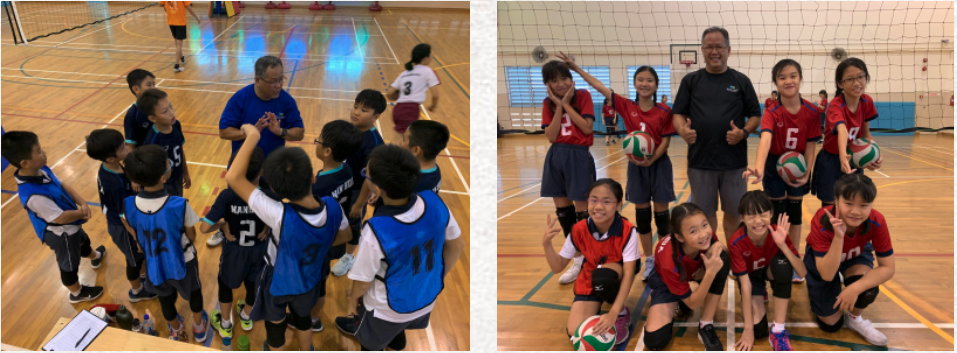 Two youth volleyball teams with coaches posing and huddling indoors on a wooden gymnasium court.